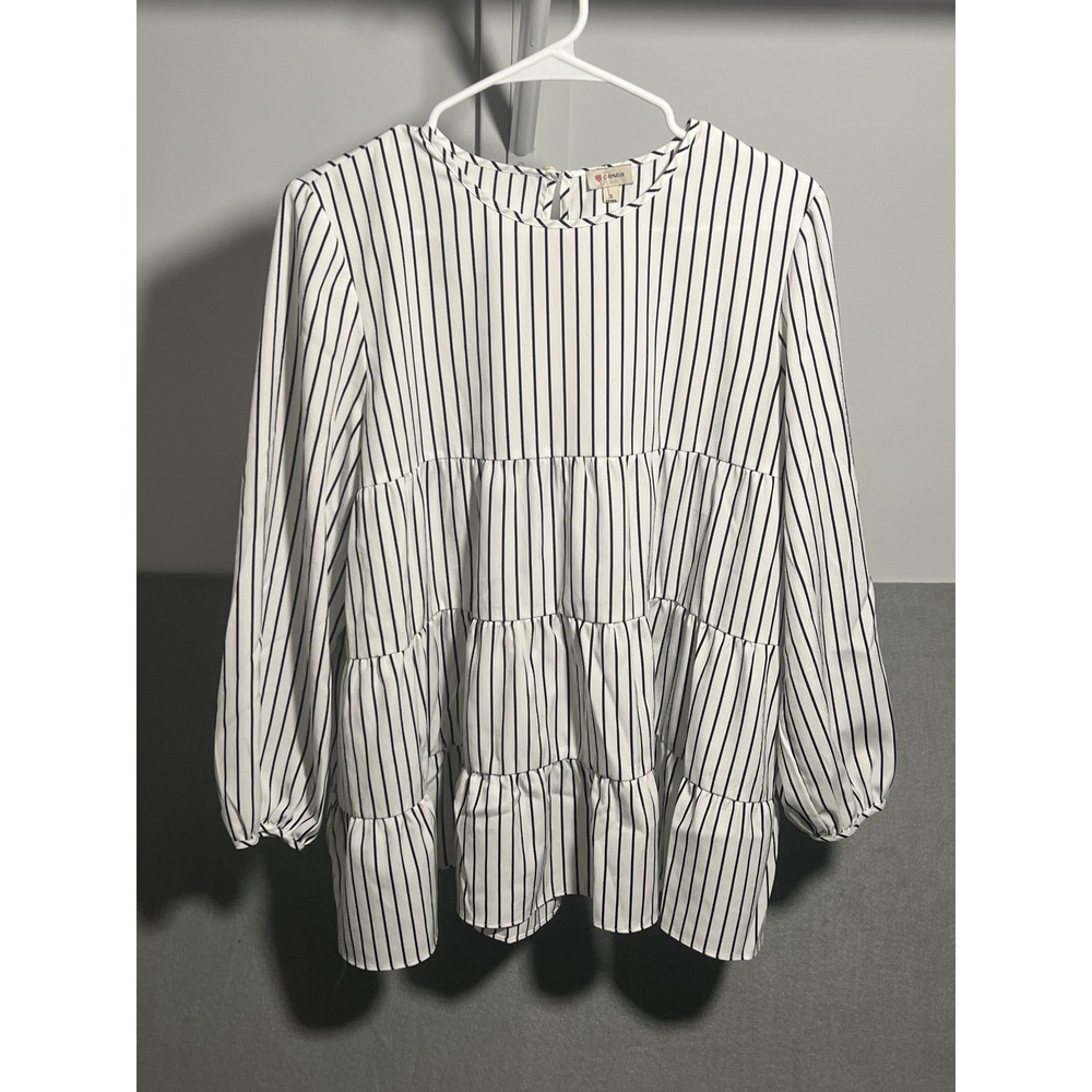 Cremieux Women's Small S Black White Stripe Tiered Ruffle Long Sleeve Blouse Top